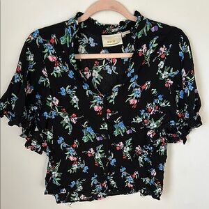 Maeve Anthropologie Black Pretty Floral Ruffle Sleeve Women's Top